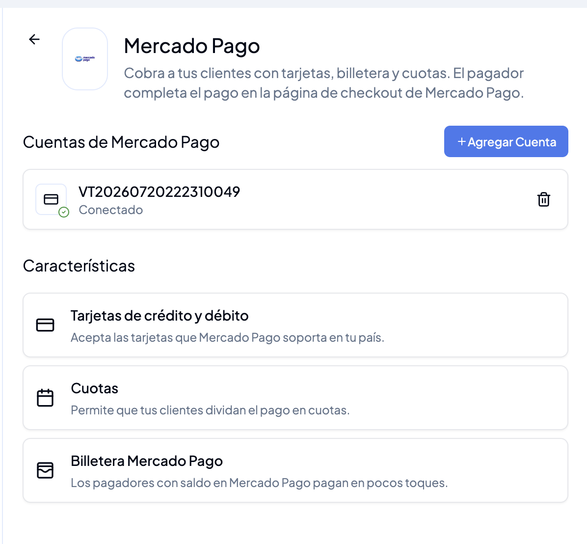 Detalle de la integración de Mercado Pago con una cuenta conectada