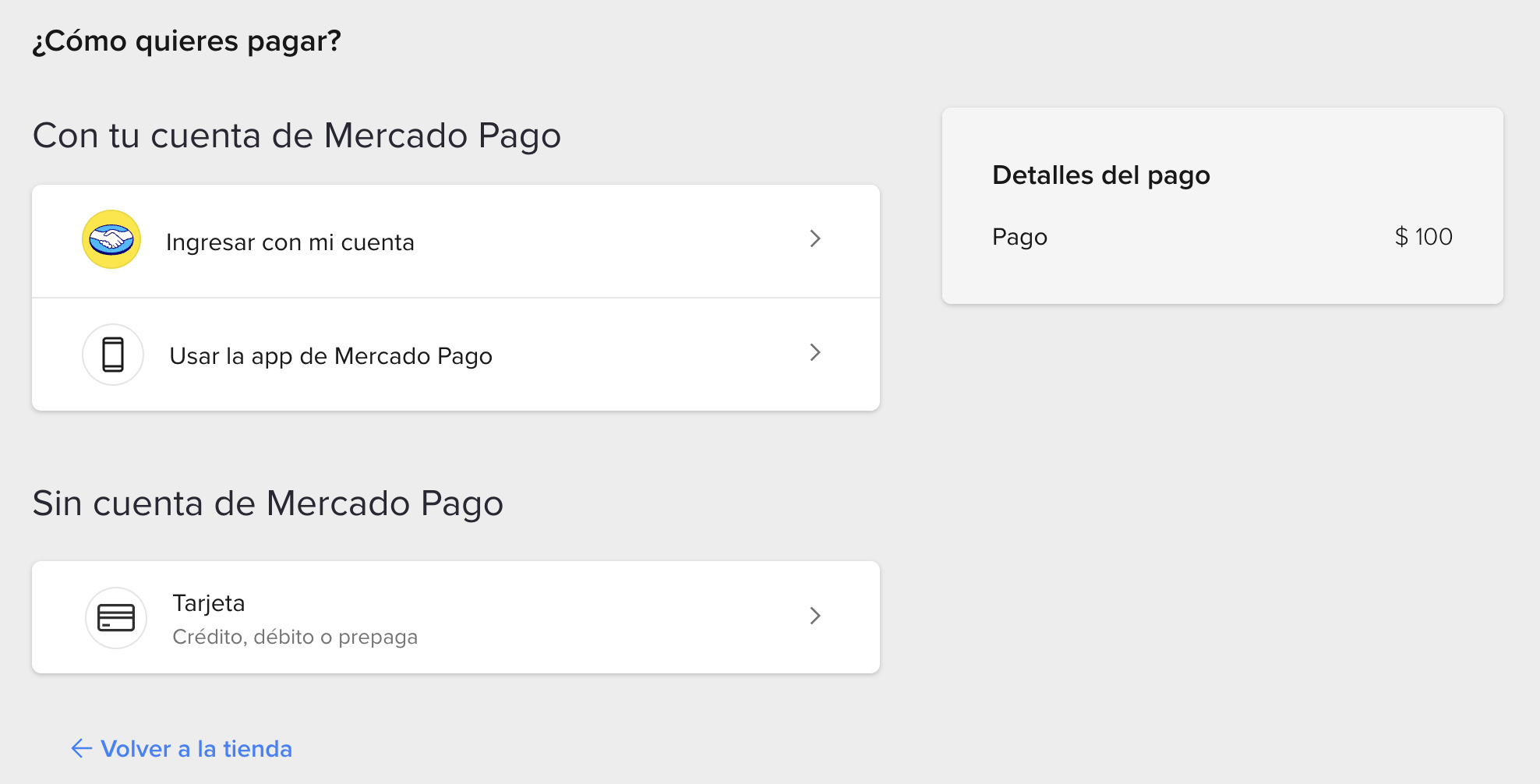 Checkout de Mercado Pago con las opciones de pago disponibles