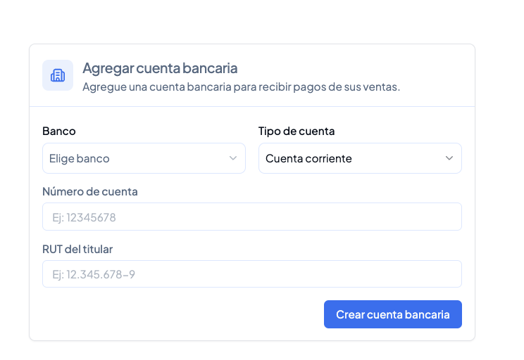 Formulario para agregar una cuenta bancaria: banco, tipo de cuenta, número de cuenta y RUT del titular