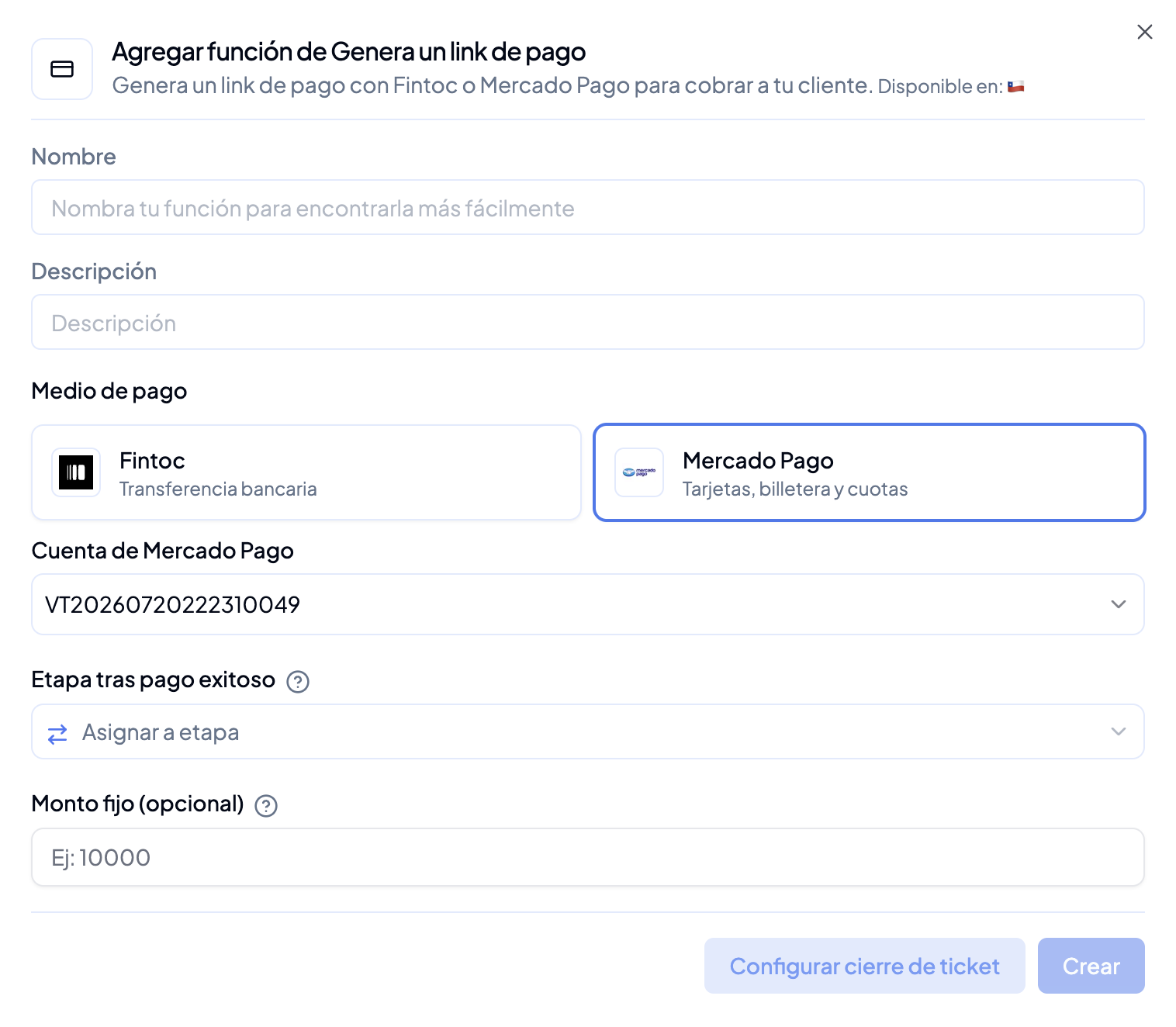 Panel de configuración de la función Link de pago