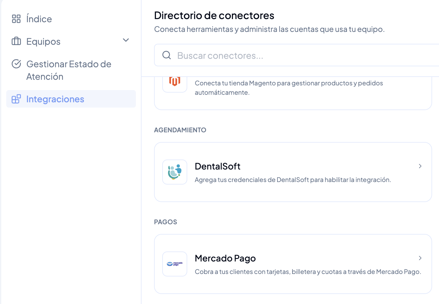 Sección PAGOS del directorio de conectores con la tarjeta de Mercado Pago